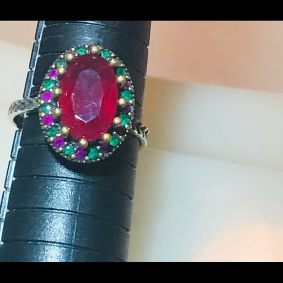 🌺MARKDOWN SALE!!! Stunning Art Deco Ruby & Emerald 925/14K Ring! - Picture 9 of 16